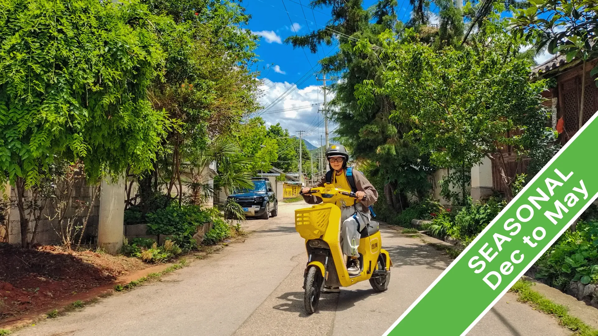E-biking through a quiet Naxi village lane with green fields and a mountain backdrop