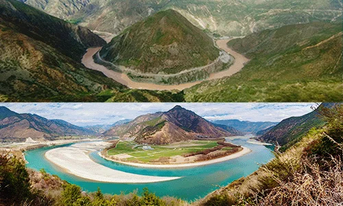 Jinsha River Great Bend horseshoe curve through sandstone cliffs